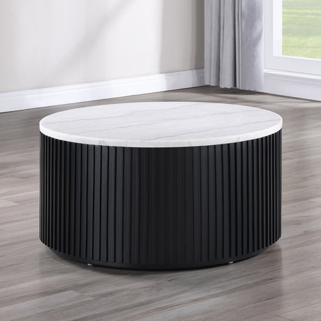 Colvin 36″ Round Castered White Marble Top Coffee Table, Black Finish from Steve Silver - Luna Furniture