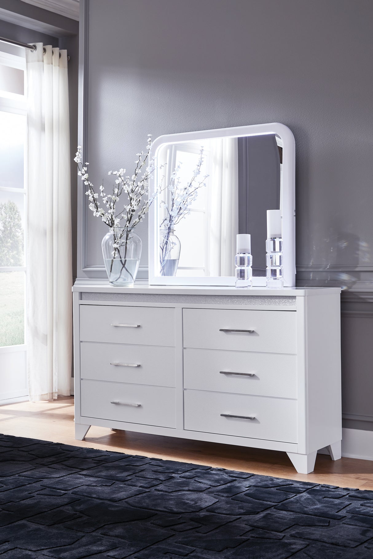 Jarlee White Queen Upholstered Panel Bed, Dresser, Mirror, Chest and 2 Nightstands from Ashley Furniture - Luna Furniture