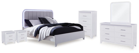 Jarlee White Queen Upholstered Panel Bed, Dresser, Mirror, Chest and 2 Nightstands from Ashley Furniture - Luna Furniture