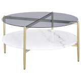 Jonelle Gold Round Glass Top Coffee Table White Marble Shelf from Coaster - Luna Furniture
