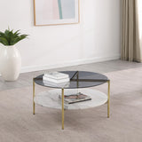 Jonelle Gold Round Glass Top Coffee Table White Marble Shelf from Coaster - Luna Furniture