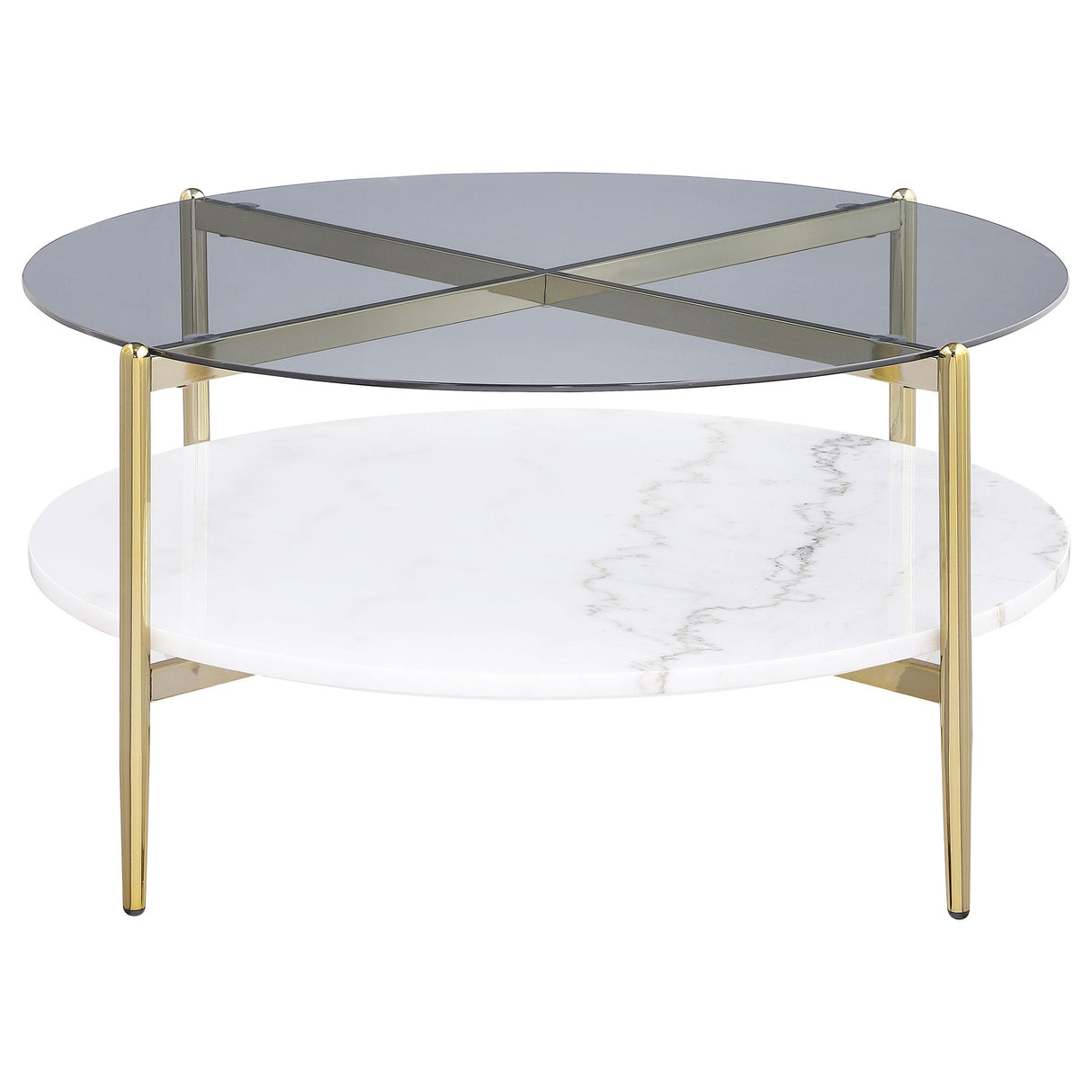 Jonelle Gold Round Glass Top Coffee Table White Marble Shelf from Coaster - Luna Furniture