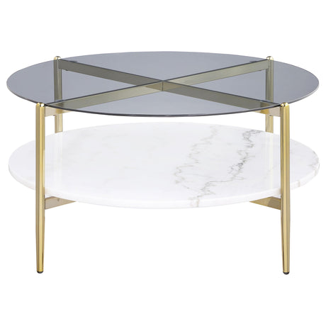 Jonelle Gold Round Glass Top Coffee Table White Marble Shelf from Coaster - Luna Furniture
