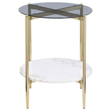 Jonelle Gold Round Glass Top End Table White Marble Shelf from Coaster - Luna Furniture