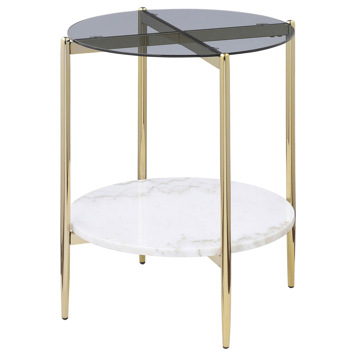 Jonelle Gold Round Glass Top End Table White Marble Shelf from Coaster - Luna Furniture