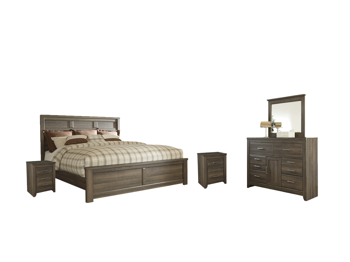 Juararo California King Panel Bed with Mirrored Dresser and 2 Nightstands in Dark Brown from Ashley - Luna Furniture