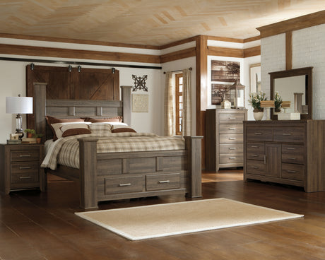 Juararo California King Poster Bed with Mirrored Dresser and Chest in Dark Brown from Ashley - Luna Furniture