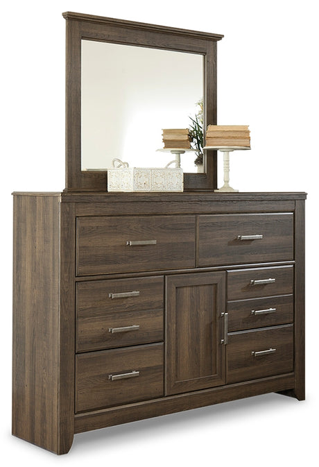 Juararo King Poster Bed with Mirrored Dresser, Chest and 2 Nightstands in Dark Brown from Ashley - Luna Furniture