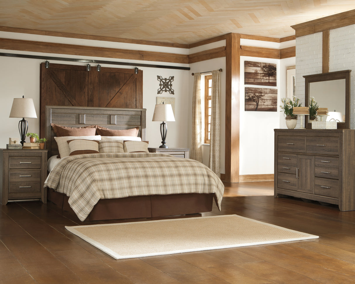 Juararo Queen Panel Headboard Bed with Mirrored Dresser and 2 Nightstands in Dark Brown from Ashley - Luna Furniture