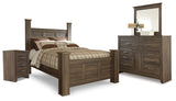 Juararo Queen Poster Headboard with Mirrored Dresser and Nightstand in Dark Brown from Ashley - Luna Furniture