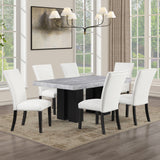 Artemis White/Black 7-Piece Gray Marble Dining Set with White Vegan Leather Chairs from Steve Silver - Luna Furniture