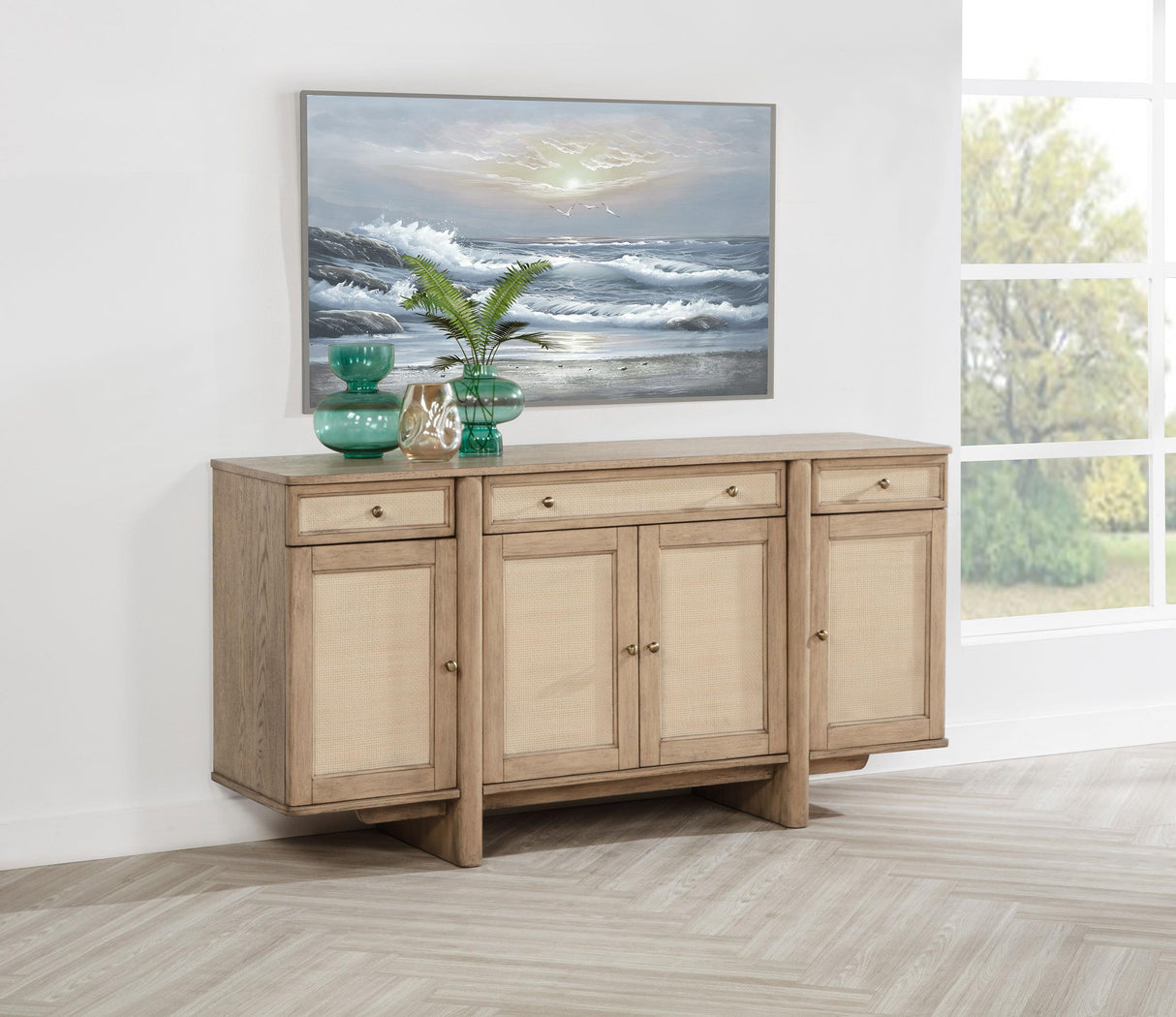 Kailani Beige Oak 4-Door Cane Sideboard Buffet Cabinet from Coaster - Luna Furniture