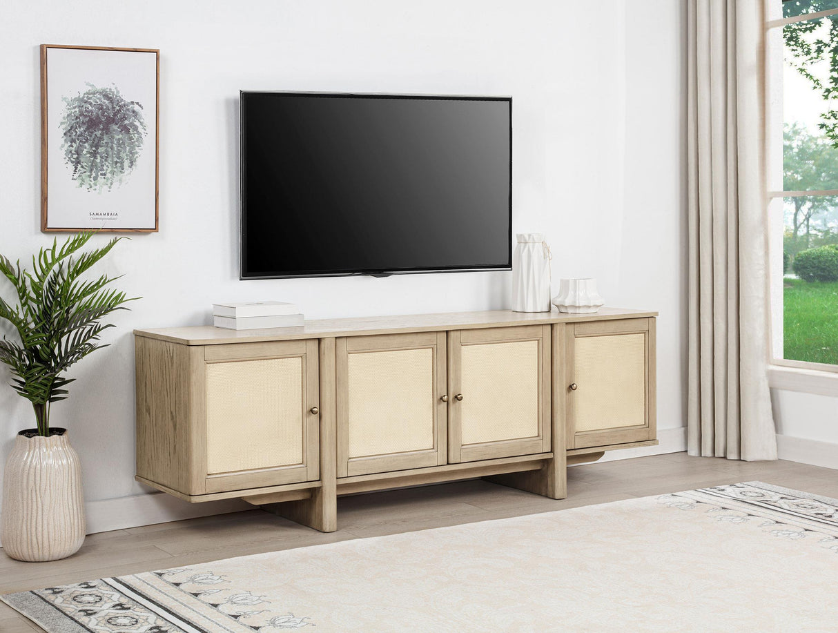 Kailani Beige Oak 79-inch 4-Door Cane TV Stand Media Console from Coaster - Luna Furniture