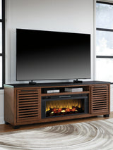 Kallari Warm Brown/Black 84" TV Stand with Electric Fireplace from Ashley Furniture - Luna Furniture
