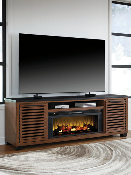 Kallari Warm Brown/Black 84" TV Stand with Electric Fireplace from Ashley Furniture - Luna Furniture