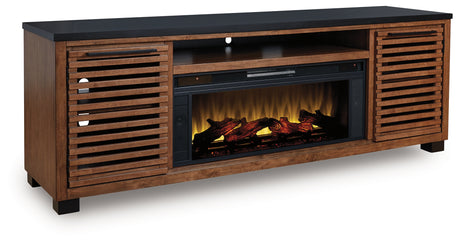Kallari Warm Brown/Black 84" TV Stand with Electric Fireplace from Ashley - Luna Furniture