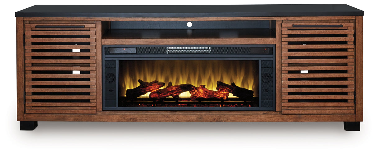 Kallari Warm Brown/Black 84" TV Stand with Electric Fireplace from Ashley Furniture - Luna Furniture