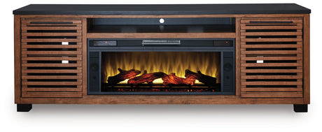 Kallari Warm Brown/Black 84" TV Stand with Electric Fireplace from Ashley - Luna Furniture