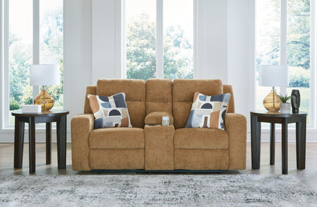 Kanlow Honey Reclining Loveseat with Console from Ashley - Luna Furniture