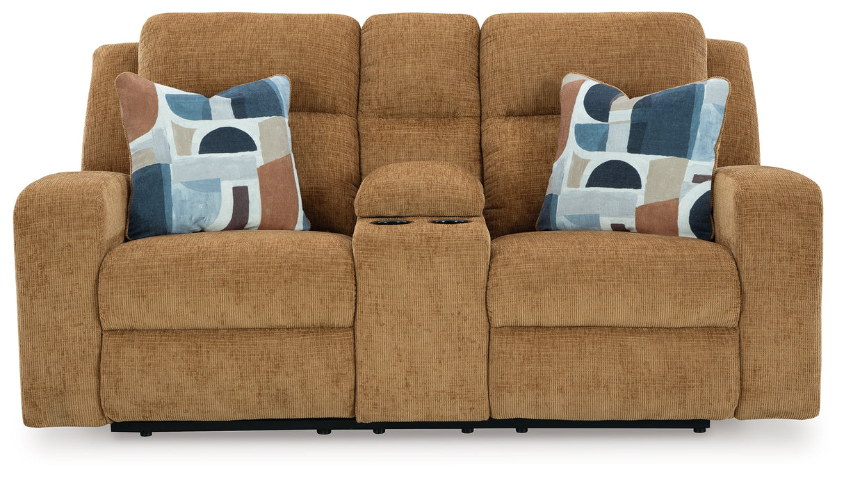 Kanlow Honey Reclining Loveseat with Console from Ashley - Luna Furniture