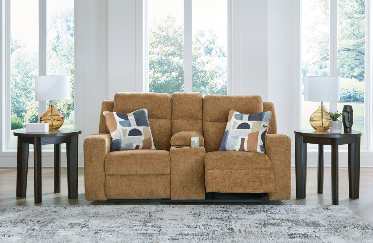 Kanlow Honey Reclining Loveseat with Console from Ashley - Luna Furniture