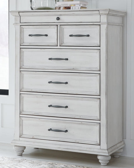 Kanwyn California King Panel Bed with Mirrored Dresser and Chest in Whitewash from Ashley - Luna Furniture