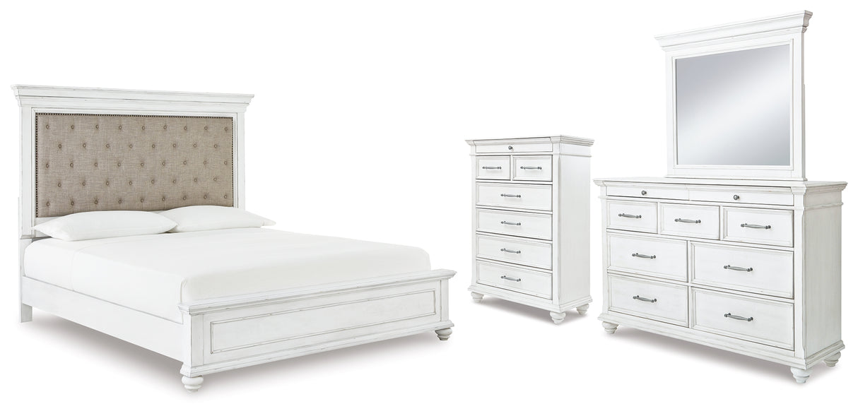 Kanwyn California King Panel Bed with Mirrored Dresser and Chest in Whitewash from Ashley - Luna Furniture