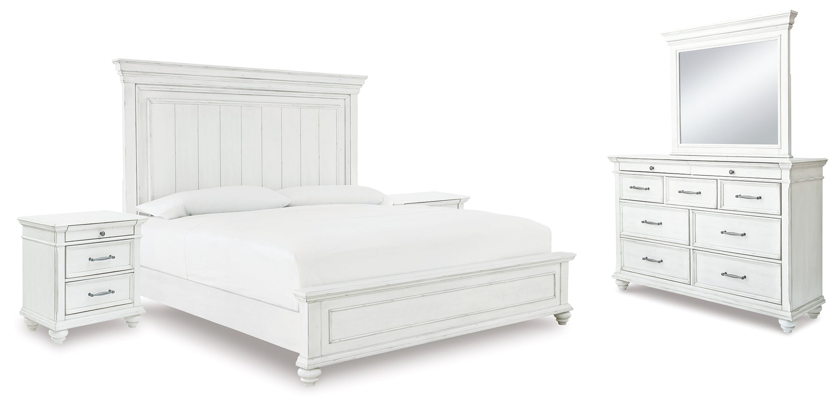 Kanwyn King Panel Bed with Mirrored Dresser and 2 Nightstands in Whitewash from Ashley - Luna Furniture