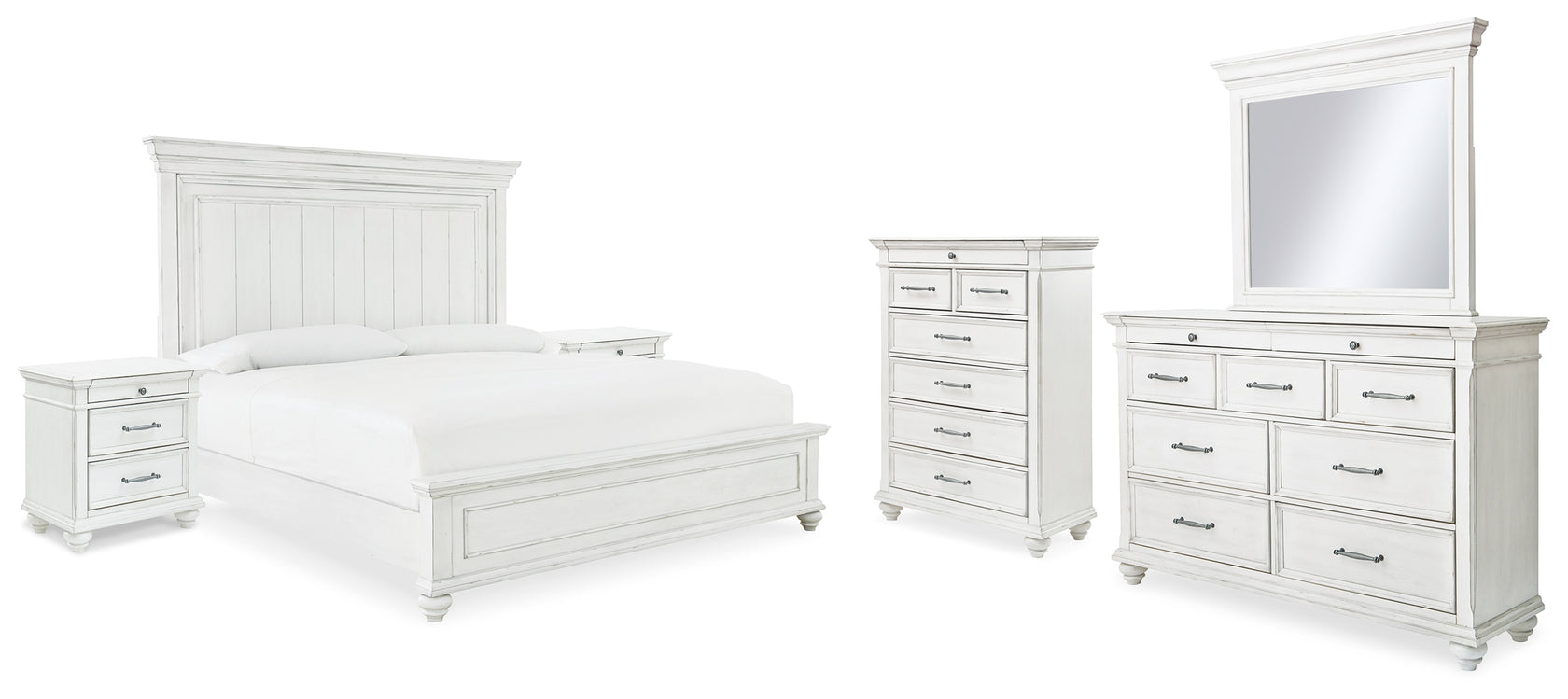 Kanwyn King Panel Bed with Mirrored Dresser, Chest and 2 Nightstands in Whitewash from Ashley - Luna Furniture