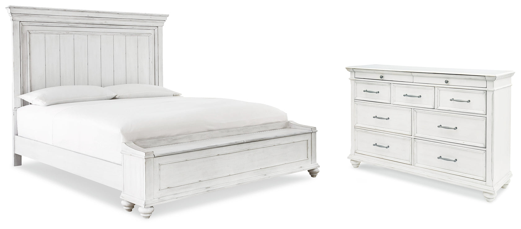 Kanwyn King Panel Bed with Storage with Dresser in Whitewash from Ashley - Luna Furniture