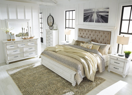 Kanwyn Queen Panel Bed with Mirrored Dresser, Chest and 2 Nightstands in Whitewash from Ashley - Luna Furniture