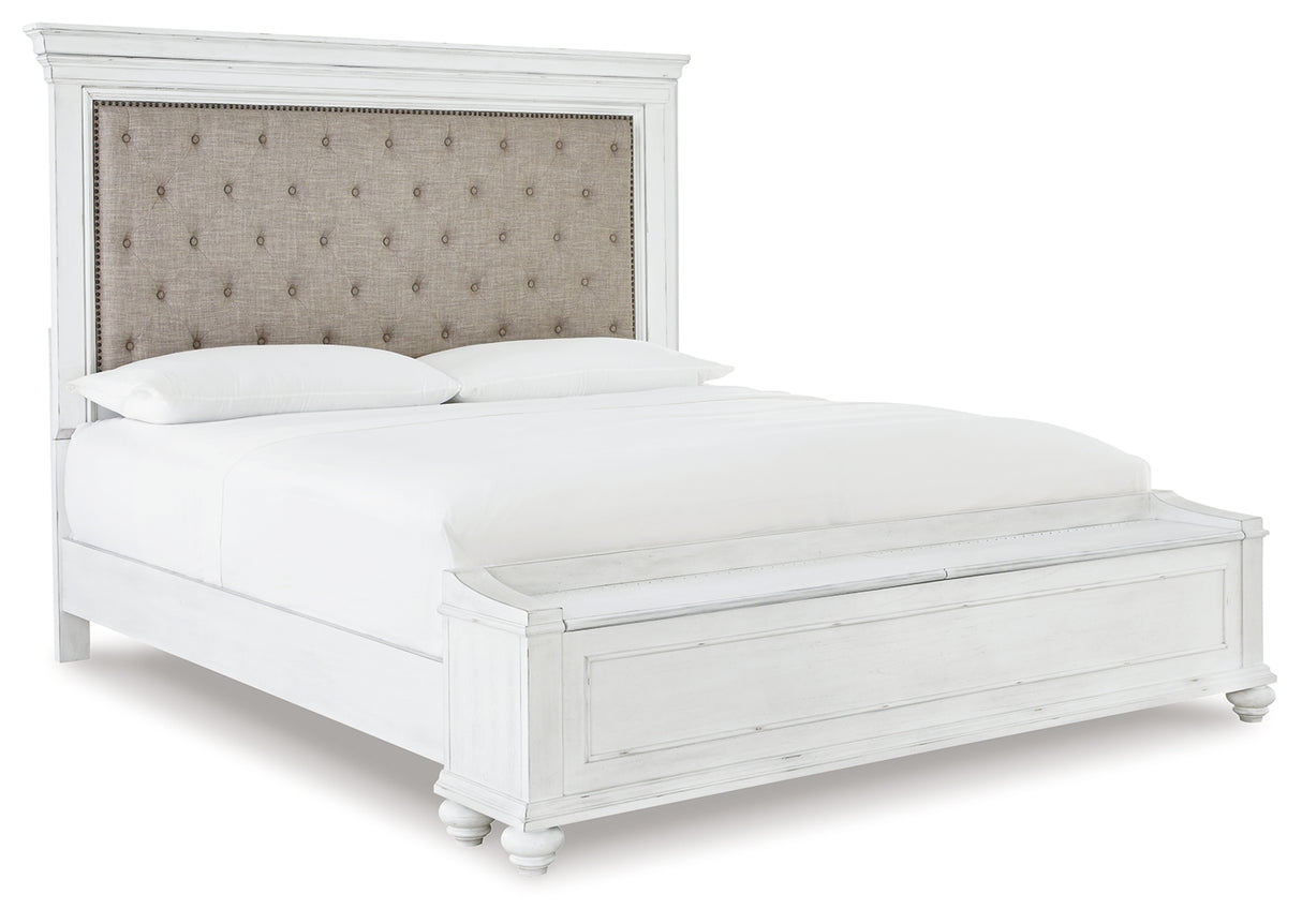 Kanwyn Queen Panel Bed with Storage with Mirrored Dresser and 2 Nightstands in Whitewash from Ashley - Luna Furniture