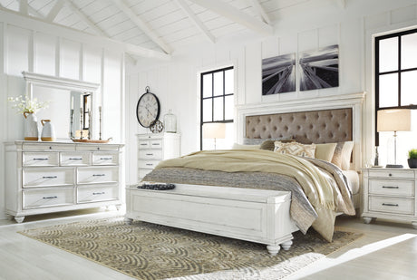 Kanwyn Queen Panel Bed with Storage with Mirrored Dresser and 2 Nightstands in Whitewash from Ashley - Luna Furniture