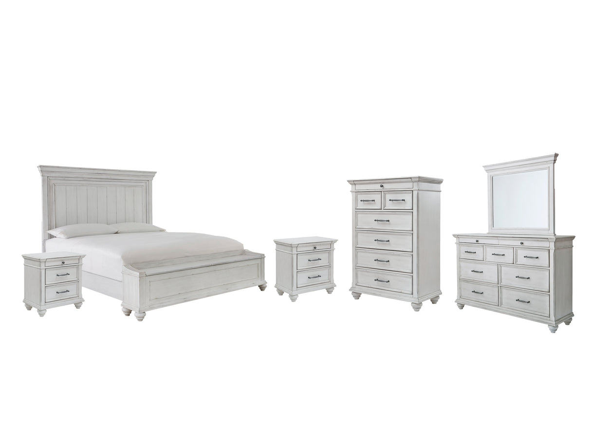 Kanwyn Queen Panel Bed with Storage with Mirrored Dresser, Chest and 2 Nightstands in Whitewash from Ashley - Luna Furniture