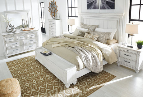 Kanwyn Queen Panel Bed with Storage with Mirrored Dresser, Chest and 2 Nightstands in Whitewash from Ashley - Luna Furniture