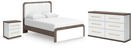 Kendanport White/Brown Queen Upholstered Bed, Dresser and Nightstand from Ashley - Luna Furniture