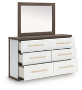 Kendanport White/Brown Queen Upholstered Bed, Dresser, Mirror and Nightstand from Ashley - Luna Furniture