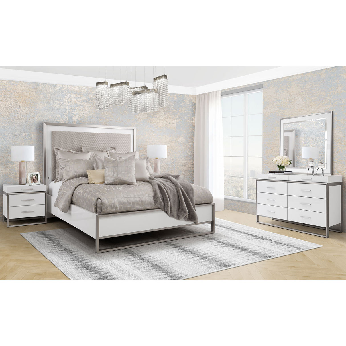 Marquee Cloud White Queen Panel Bed With Led Lighting from Michael Amini - Luna Furniture