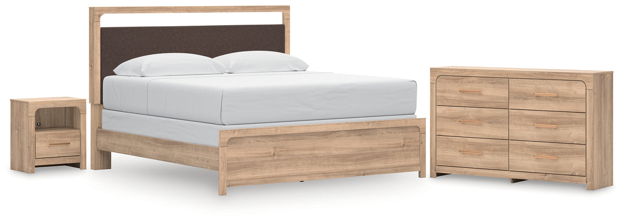 Kinlanni King Upholstered Panel Bed with Dresser and Nightstand in Tan from Ashley - Luna Furniture
