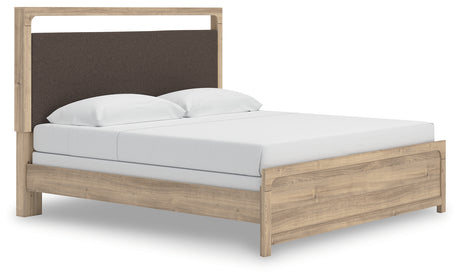 Kinlanni King Upholstered Panel Bed with Mirrored Dresser in Tan from Ashley - Luna Furniture
