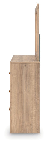 Kinlanni King Upholstered Panel Bed with Mirrored Dresser in Tan from Ashley - Luna Furniture