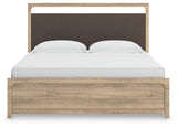 Kinlanni King Upholstered Panel Bed with Mirrored Dresser in Tan from Ashley - Luna Furniture