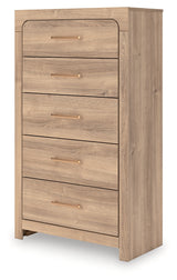 Kinlanni King Upholstered Platform Bed with Dresser and Chest in Tan from Ashley - Luna Furniture