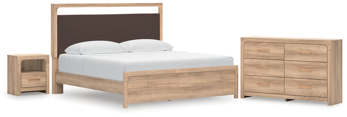 Kinlanni King Upholstered Platform Bed with Dresser and Nightstand in Tan from Ashley Furniture - Luna Furniture