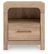 Kinlanni King Upholstered Platform Bed with Mirrored Dresser and Nightstand in Tan from Ashley Furniture - Luna Furniture