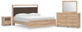 Kinlanni King Upholstered Platform Bed with Mirrored Dresser and Nightstand in Tan from Ashley Furniture - Luna Furniture