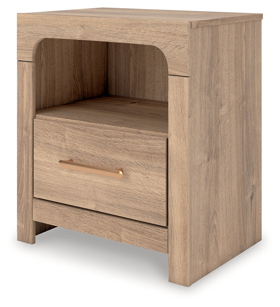 Kinlanni King Upholstered Platform Bed with Mirrored Dresser and Nightstand in Tan from Ashley Furniture - Luna Furniture