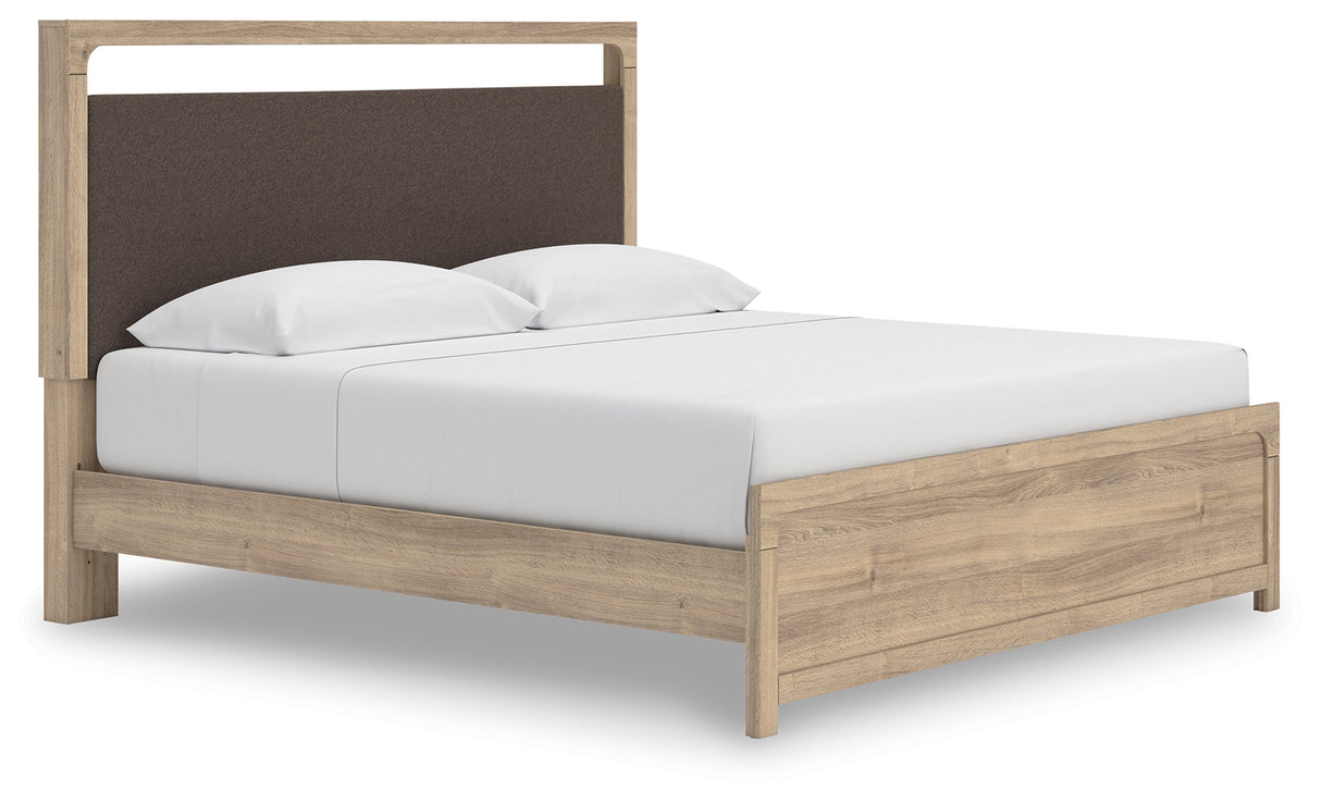 Kinlanni King Upholstered Platform Bed with Mirrored Dresser in Tan from Ashley - Luna Furniture