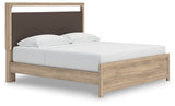 Kinlanni King Upholstered Platform Bed with Mirrored Dresser in Tan from Ashley - Luna Furniture