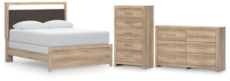Kinlanni Queen Upholstered Panel Bed with Dresser and Chest in Tan from Ashley - Luna Furniture